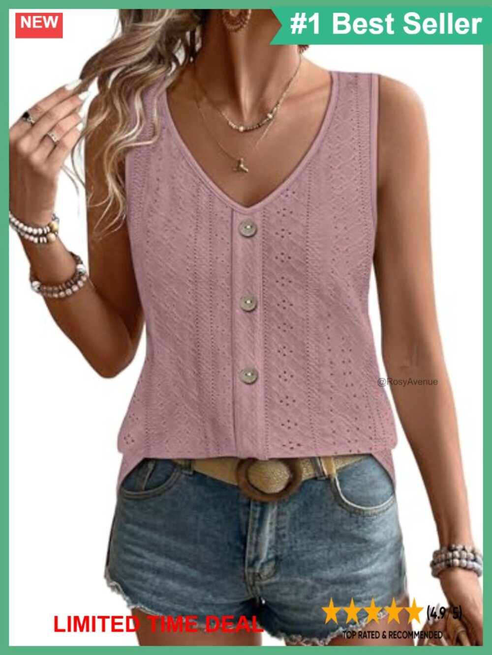 Womens Loose V Neck Eyelet Tank Top Sleeveless Casual Summer Shirt